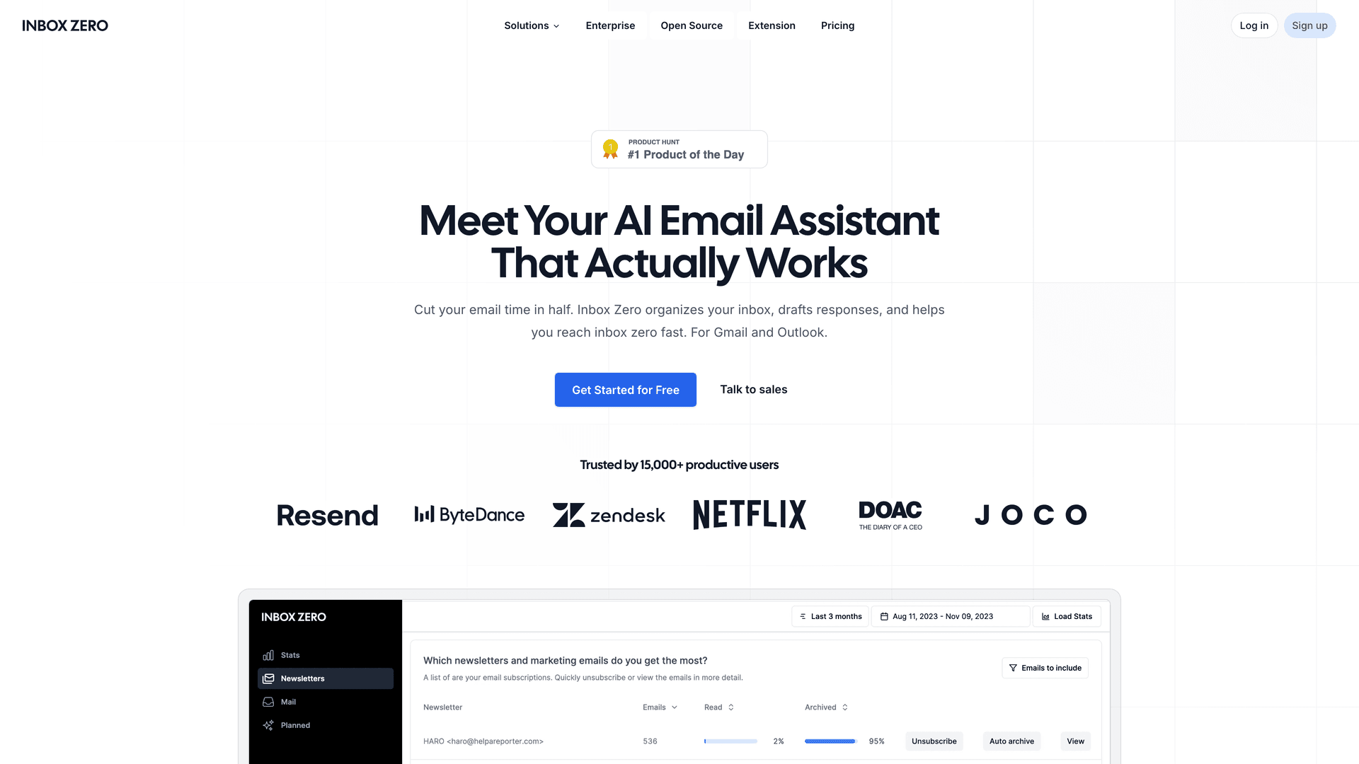Inbox Zero homepage showing AI email assistant features including smart labeling, bulk unsubscriber, and automation
